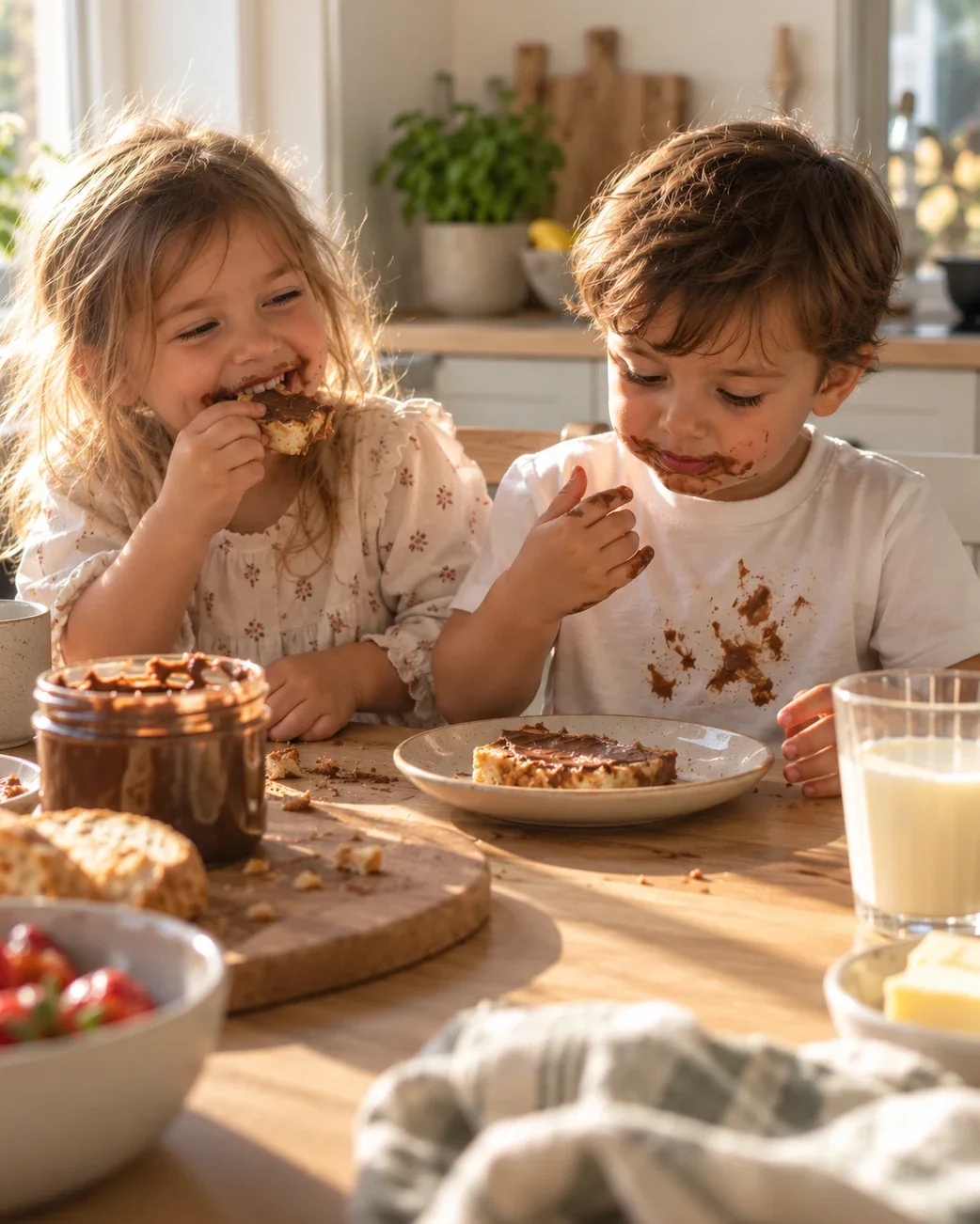 Two children laughing at the breakfast table with chocolate spread on their faces and a stained white t-shirt