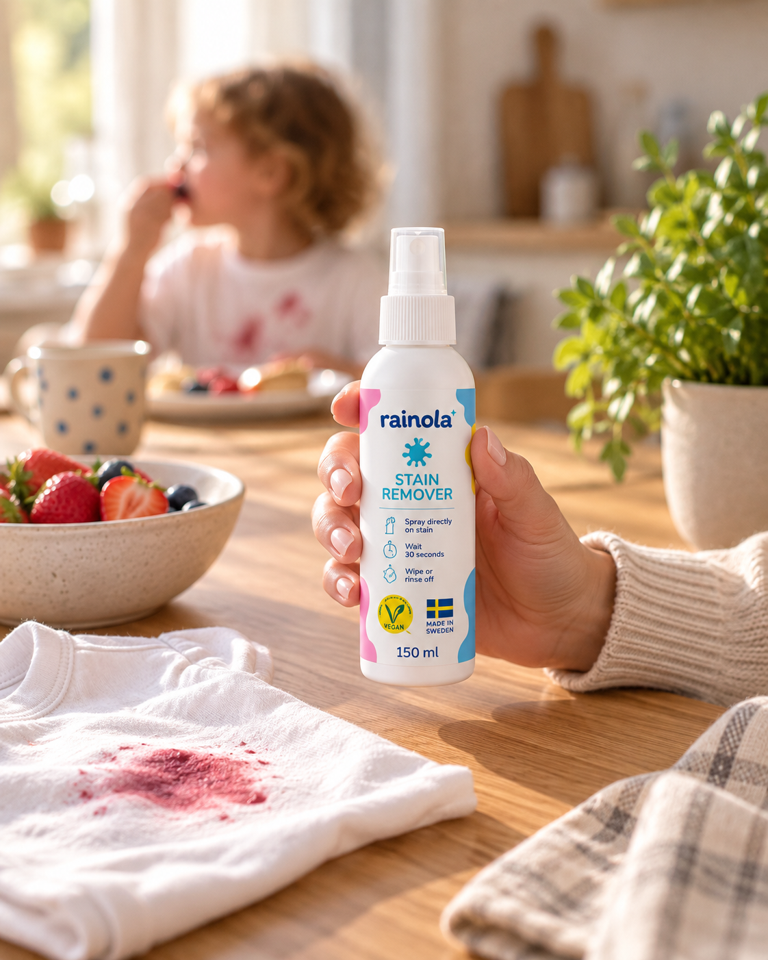 Emma L. holding the Rainola Stain Remover 150 ml above a strawberry-stained white shirt at a kitchen table