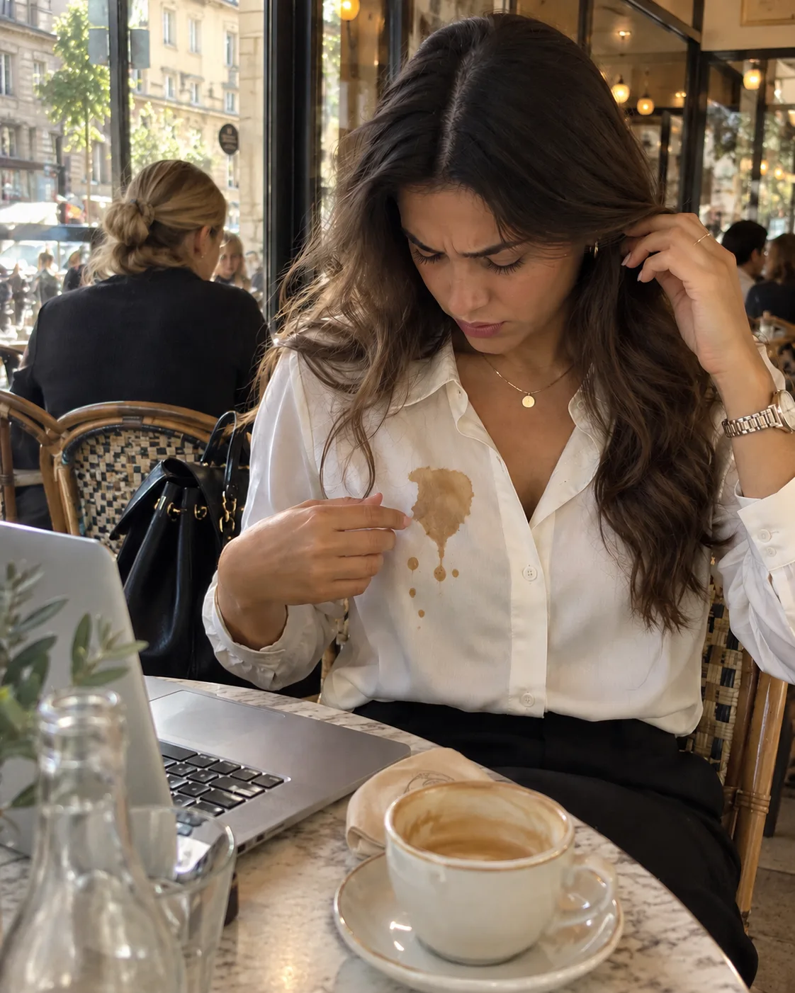 Woman at a café looking at a fresh coffee stain on her white shirt before a meeting