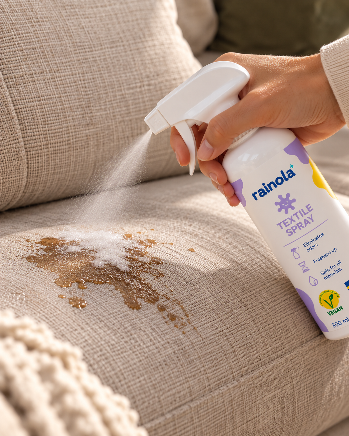 Close-up of the Rainola Textile Spray 300 ml being sprayed on a stained fabric sofa